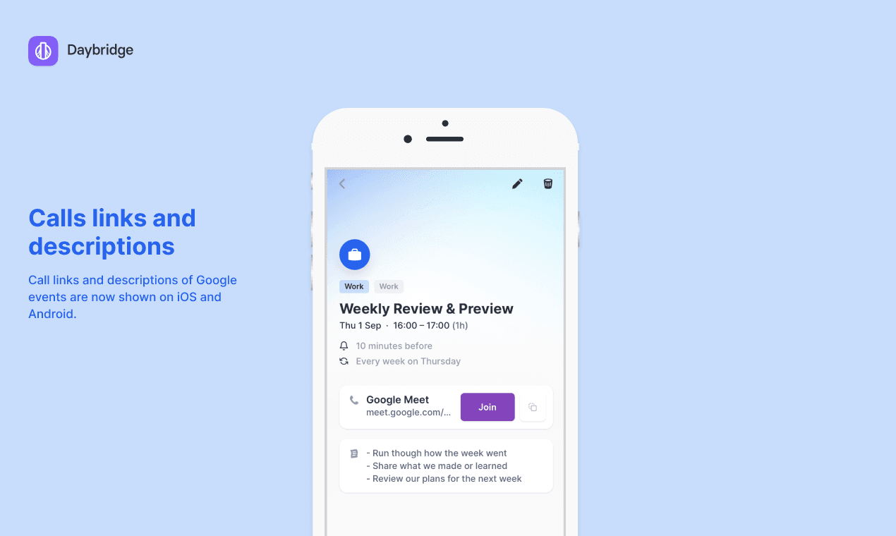 Mobile Call Links & Event Descriptions